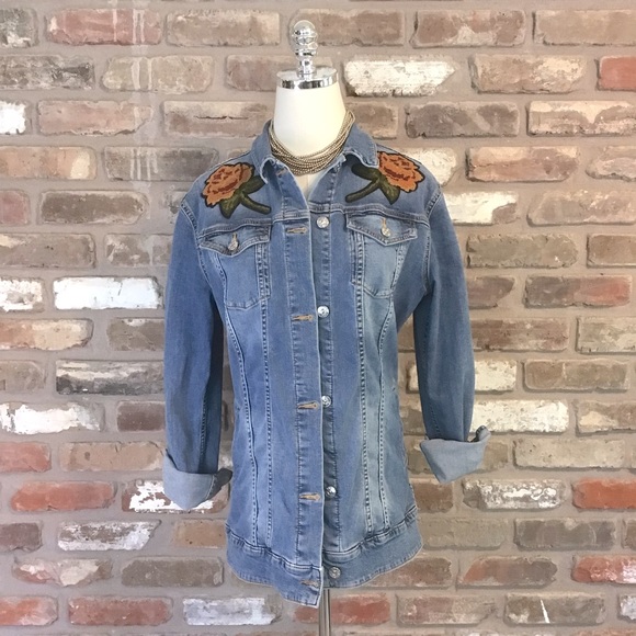 LULAROE Woman’s JAXON Denim Rose Appliqué Longer Length Stretch Jean Jacket M - Picture 1 of 7